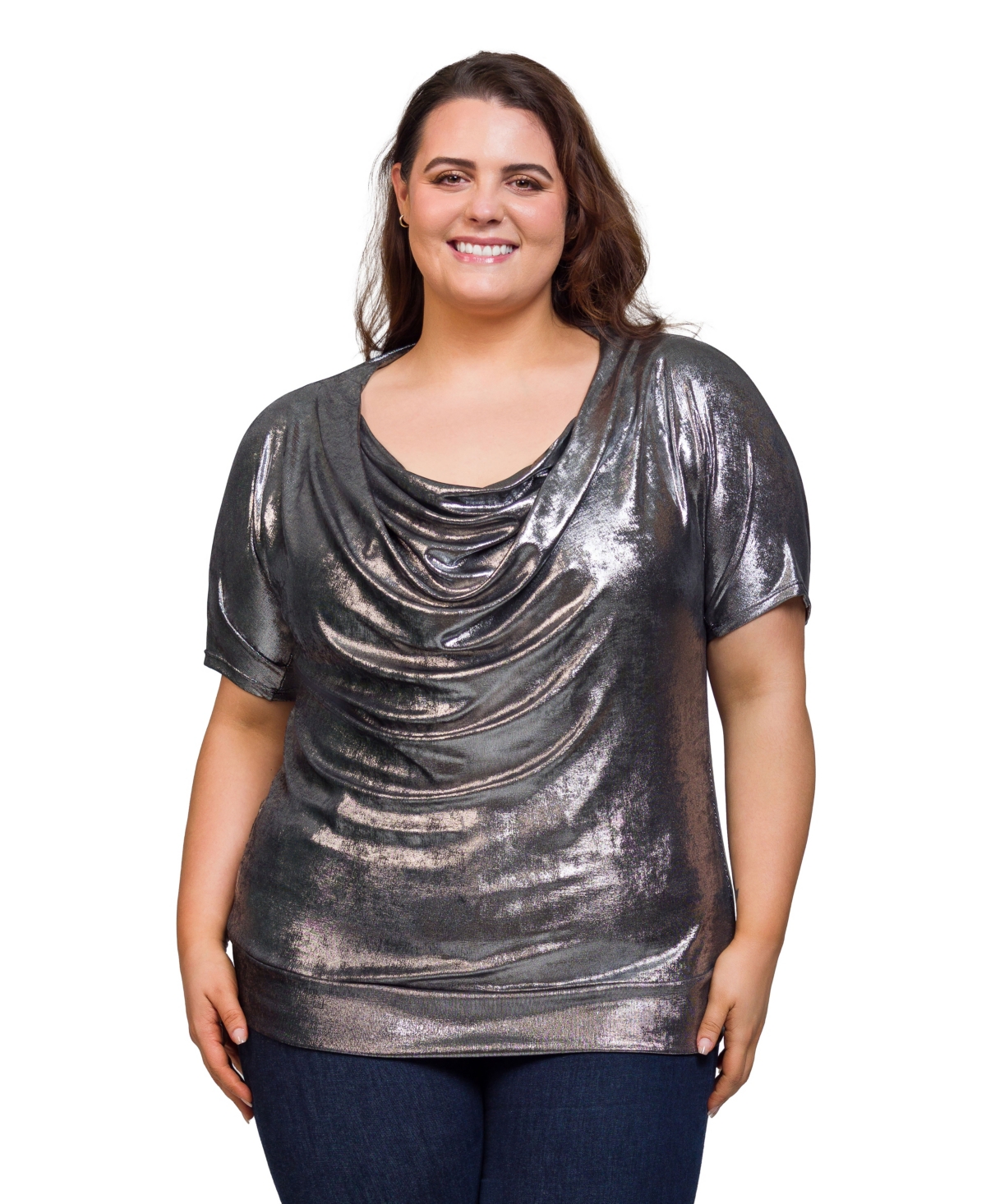 Plus Size Cowl Neck Short Sleeve Top - Black