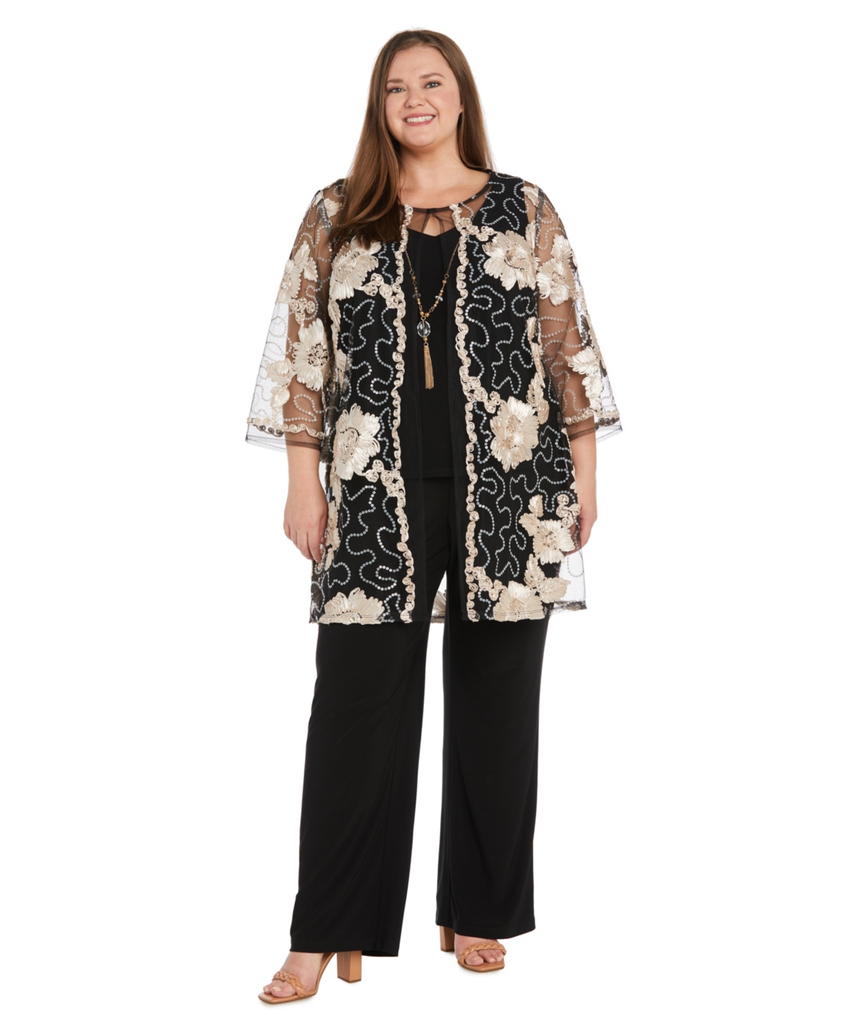 R & M Richards Plus Size Jacket, Necklace Top & Pant Set