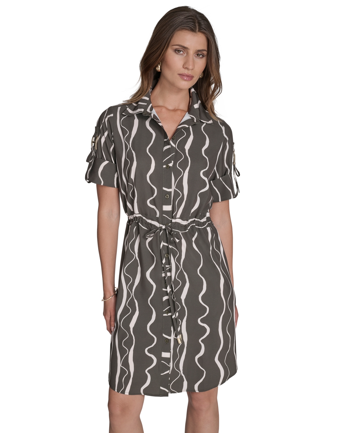 Halston Women's Printed Roll-tab-sleeve Belted Shirtdress