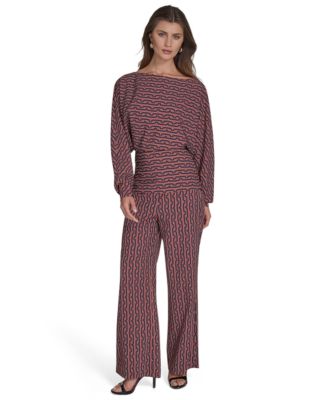 Halston Womens Printed Commuter Dolman Sleeve Top Commuter Printed Wide Leg Pants