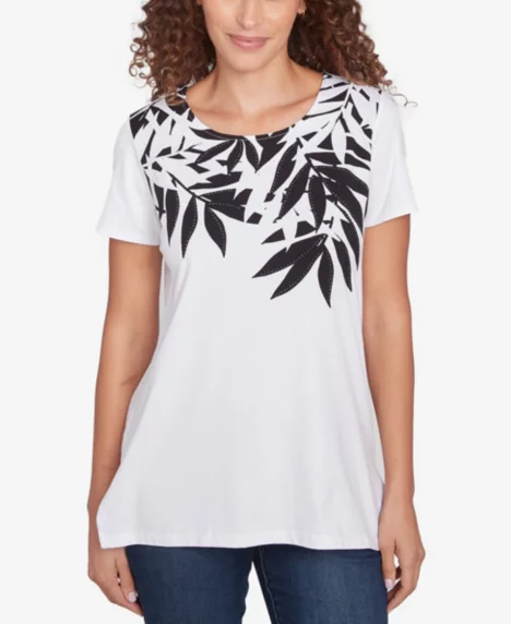 Petite Scoop Neck Palm Print T Shirt - White/Black