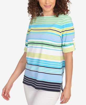 Petite Multi Stripe Roll Tab Sleeve T Shirt