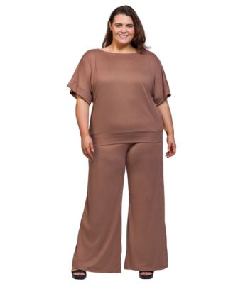 Plus Size Boat Neck Top and Wide Leg Pants Set