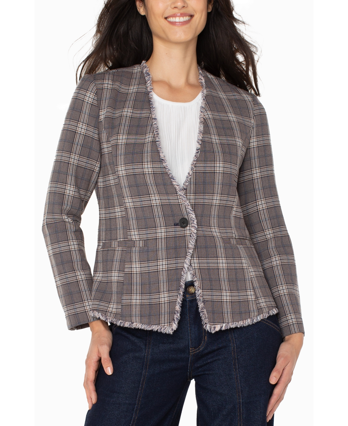 Liverpool Los Angeles Women's Collarless Fray-trim Fitted Blazer In Multi