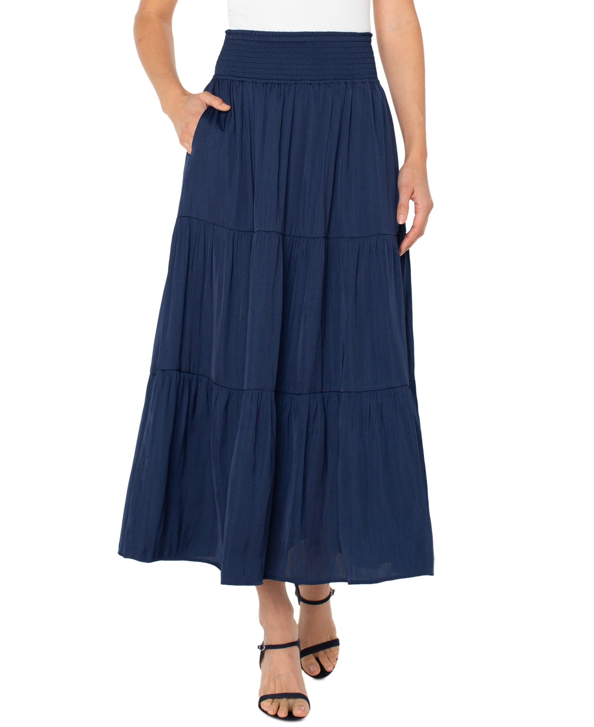 Liverpool Los Angeles Women's Tiered Woven Maxi Skirt In Navy