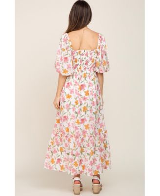Maternity White Floral Puff Sleeve Maxi Dress