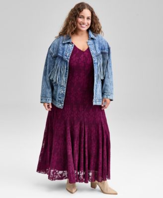 Trendy Plus Size Fringe-Trim Cotton Denim Jacket, Macy's Exclusive 