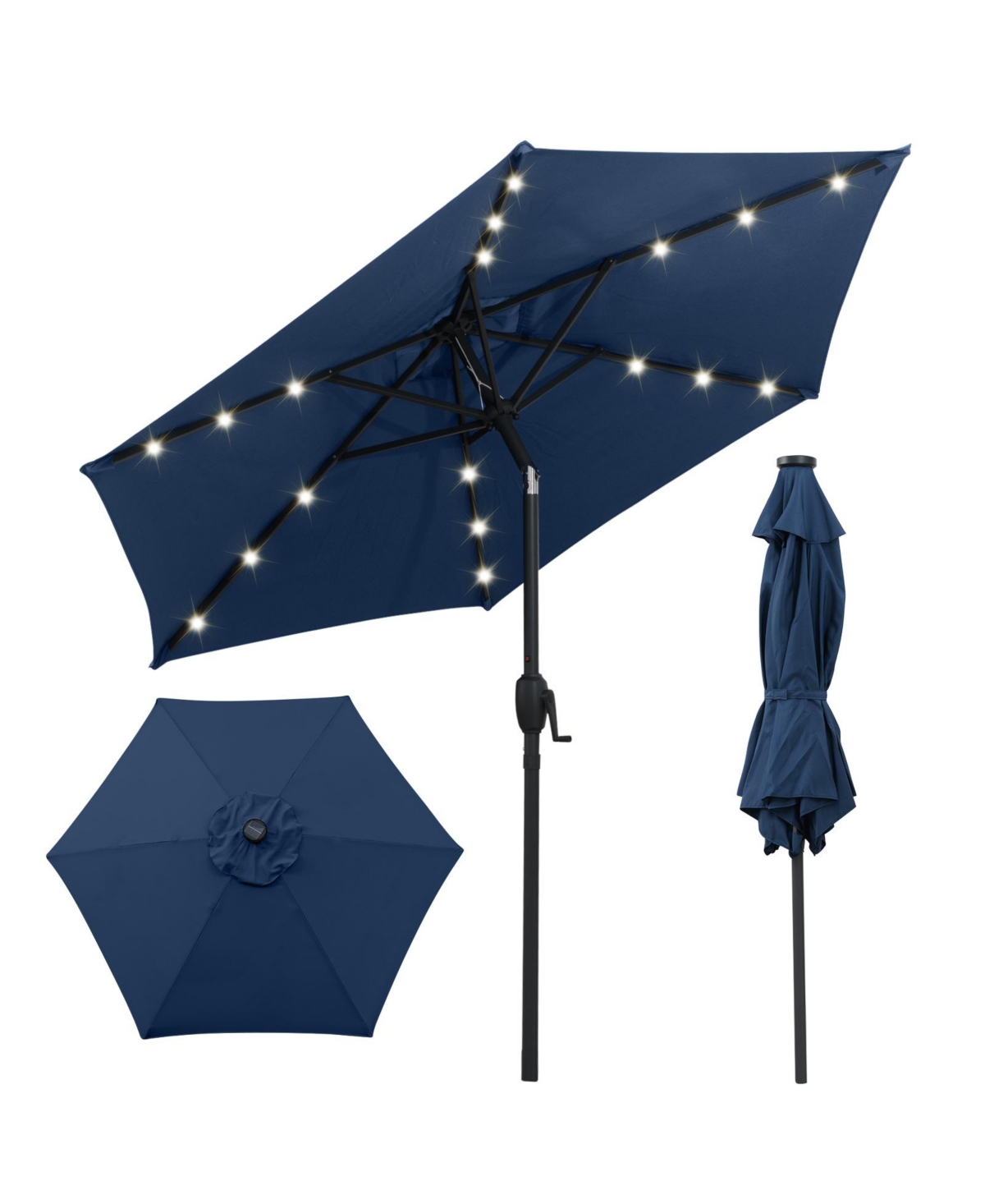 Led Lighted Solar Patio Umbrella with Crank Mechanism &#x2013; Perfect for Backyard, Poolside, or Balcony - Navy