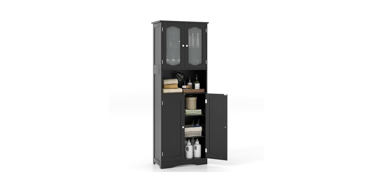 64.5 Inches Tall Bathroom Storage Cabinet with Frost Glass Doors and Shelves - Black