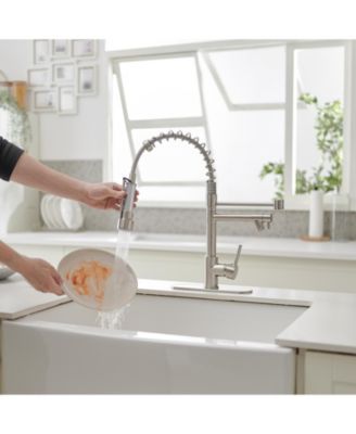 Contemporary Single Handle Pull-Down Spring Faucet with Sprayer and Deck Plate Commercial Kitchen Faucet