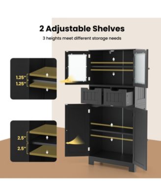 4 Door Freestanding Bathroom Floor Storage Cabinet with 2 Drawers and Glass Doors