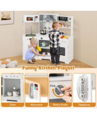Pretend Play Kitchen Wooden Toy Set with Range Hood Real Sounds and Lights