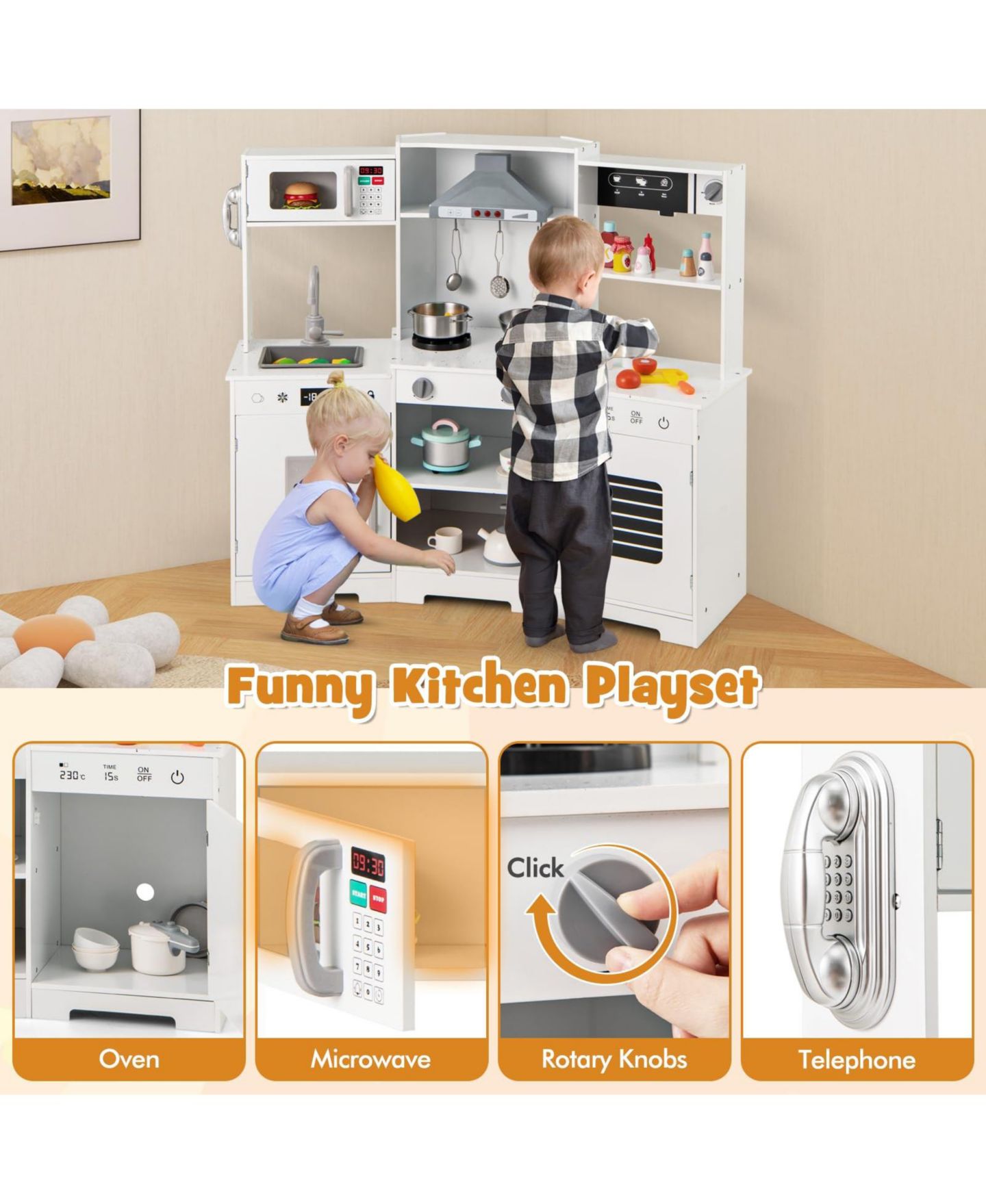 Детская игрушка Mecale Wooden Play Kitchen With Lights and Sounds, Ages 3+, цвет: Белый — фото 9