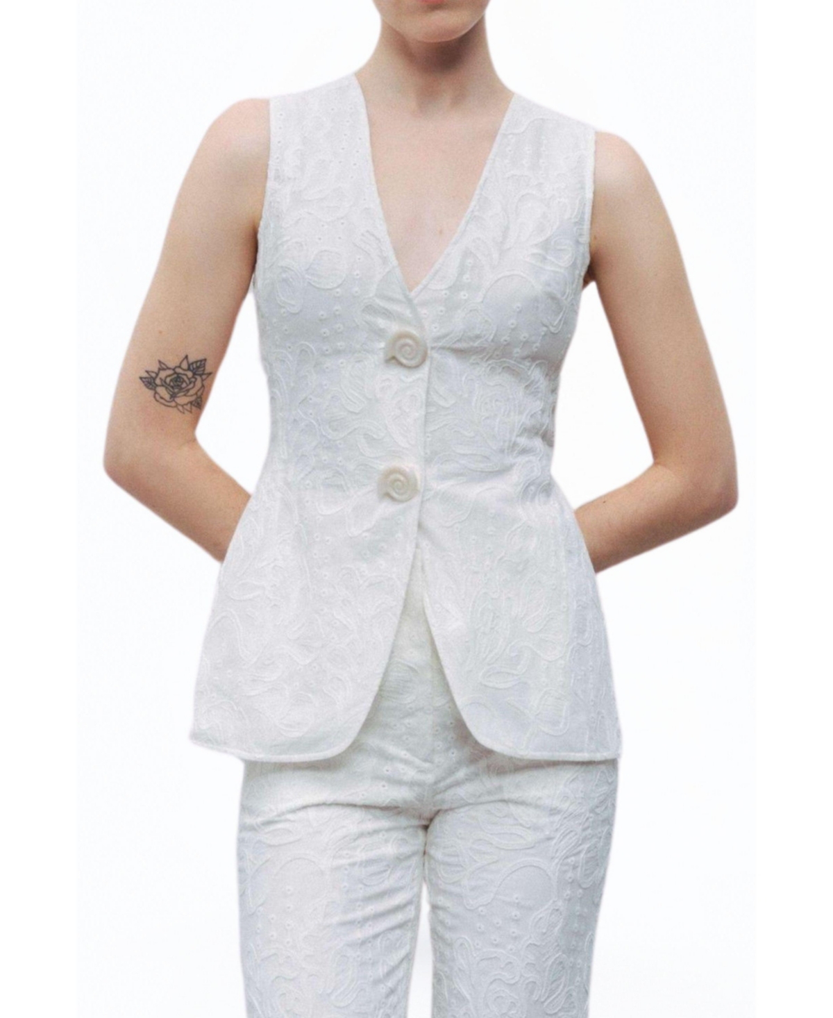 Women's Floral Embroidery Vest - Open white