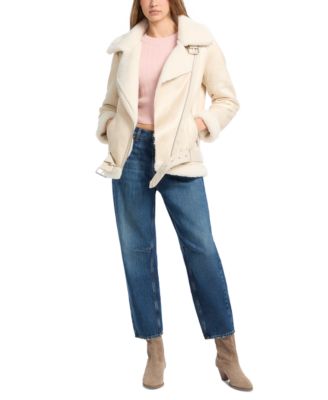 Women's Faux-Shearling Asymmetric Moto Coat