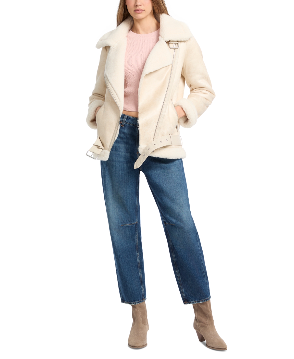 Guess Women's Faux-Shearling Asymmetric Moto Coat