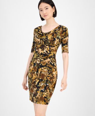 Petite Floral Draped-Neck Elbow-Sleeve Dress
