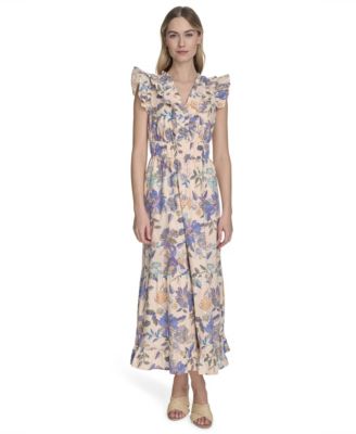 Vince Camuto - Women's Cotton Printed V-Neck Ruffled Midi Dress