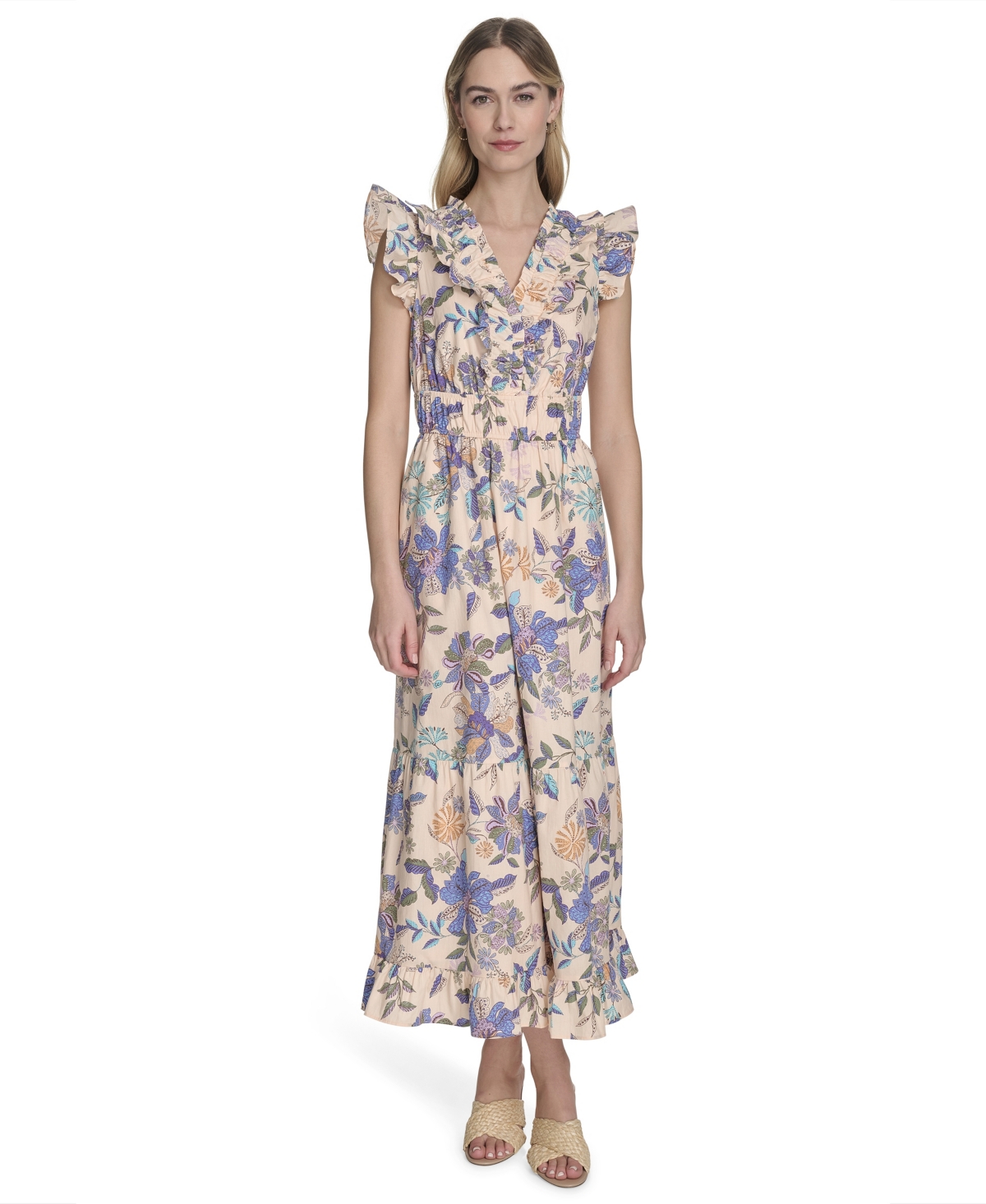 Women's Cotton Printed V-Neck Ruffled Midi Dress - Blue
