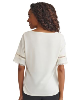 Petite Lace-Trim Elbow-Sleeve Knit Top