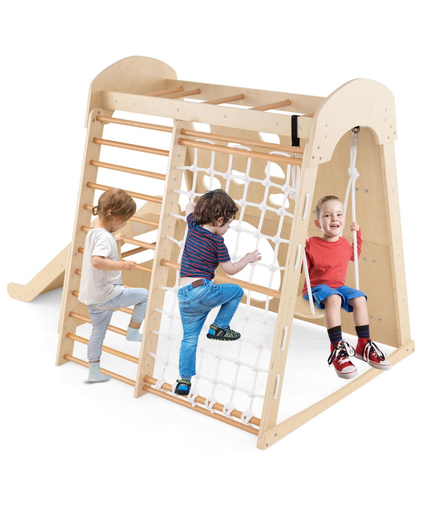 Детская игрушка Slickblue 8-in-1 Indoor Jungle Gym Wooden Playground with Swing and Climbing Wall, цвет: Натуральный — фото 2