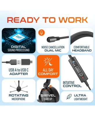 30Y Wired Computer Headset, MS Teams Compatible, Mono Headphones With Dual Noise-Cancelling Microphones, In-Line Controls, On-Ear USB Headset for PC, Laptop - Black