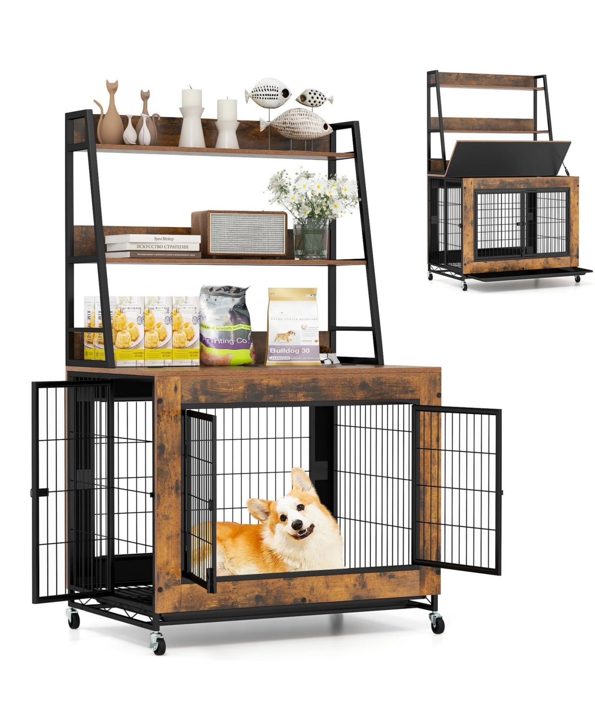 Industrial Dog Kennel Dog Crate Furniture with Storage Shelves - Brown