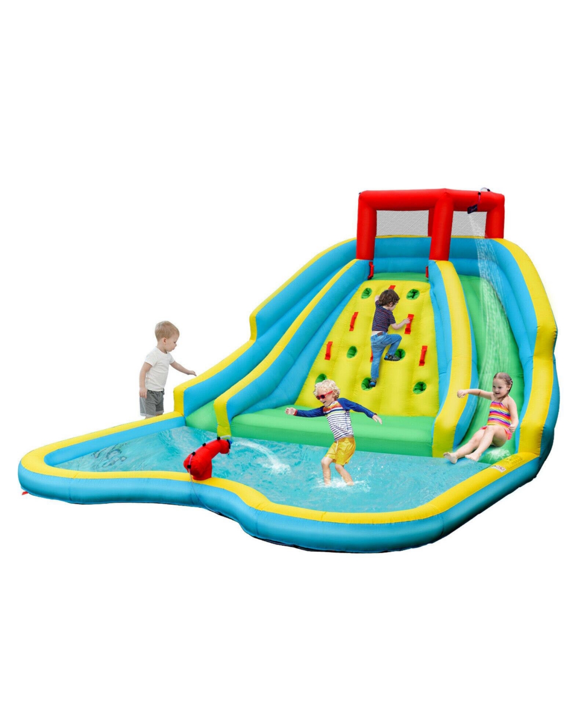Double Side Inflatable Water Slide Park with Climbing Wall for Outdoor - Blue