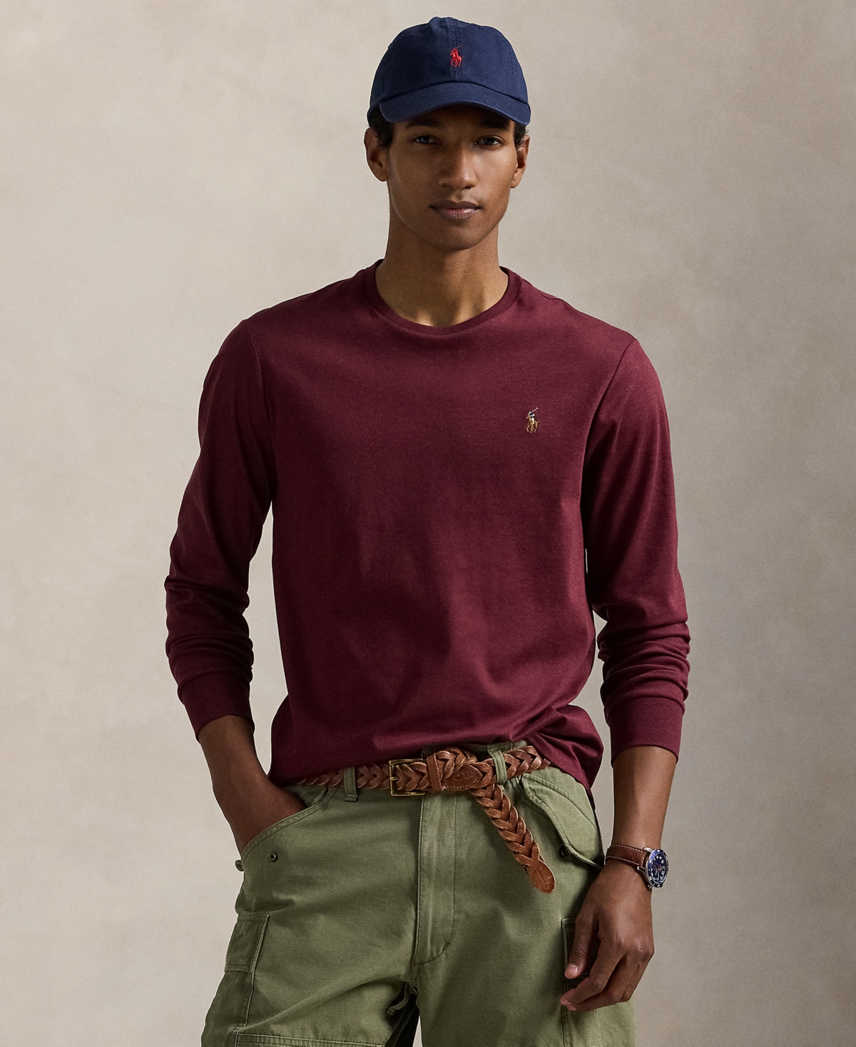 Polo Ralph Lauren Slim Fit Long Sleeve Tee In Burgundy
