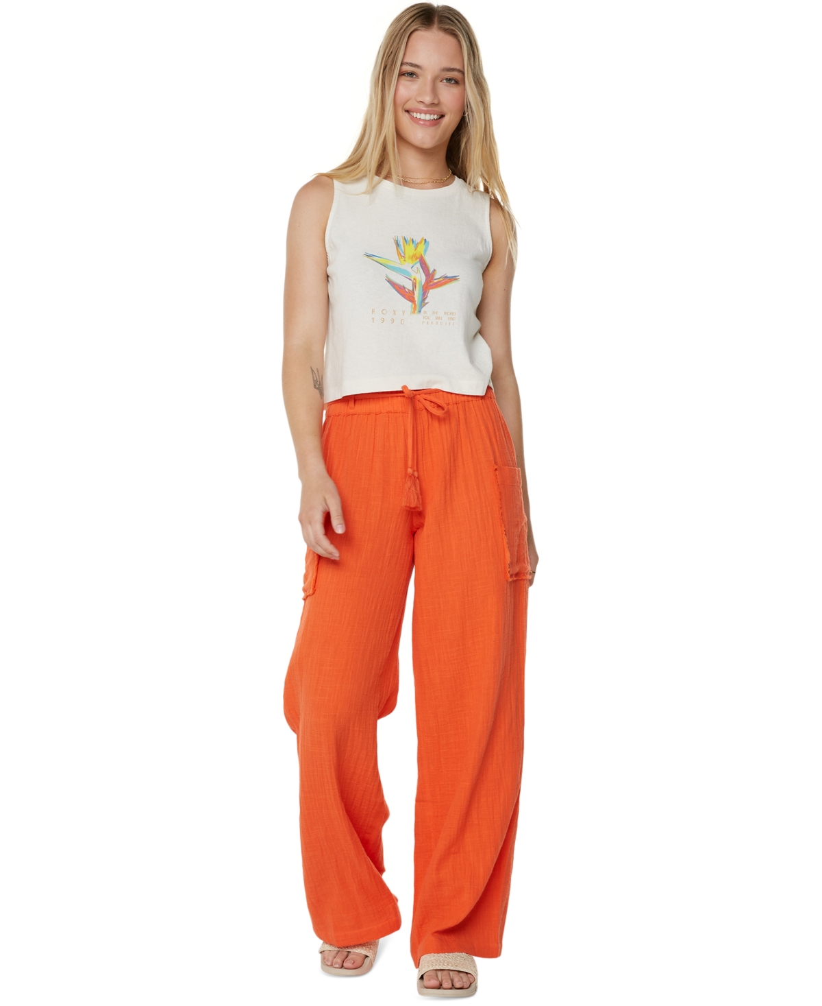 Juniors' Sea Goldie Wide-Leg Cotton Pants - Tigerlily Solid