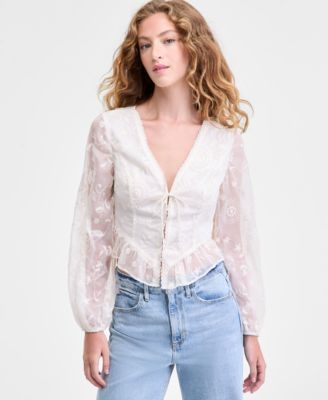 GUESS - Women's Seiah Embroidered Blouson-Sleeve Blouse