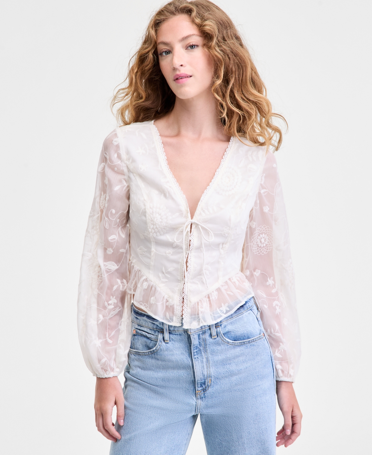 Guess Women's Seiah Embroidered Blouson-sleeve Blouse In White