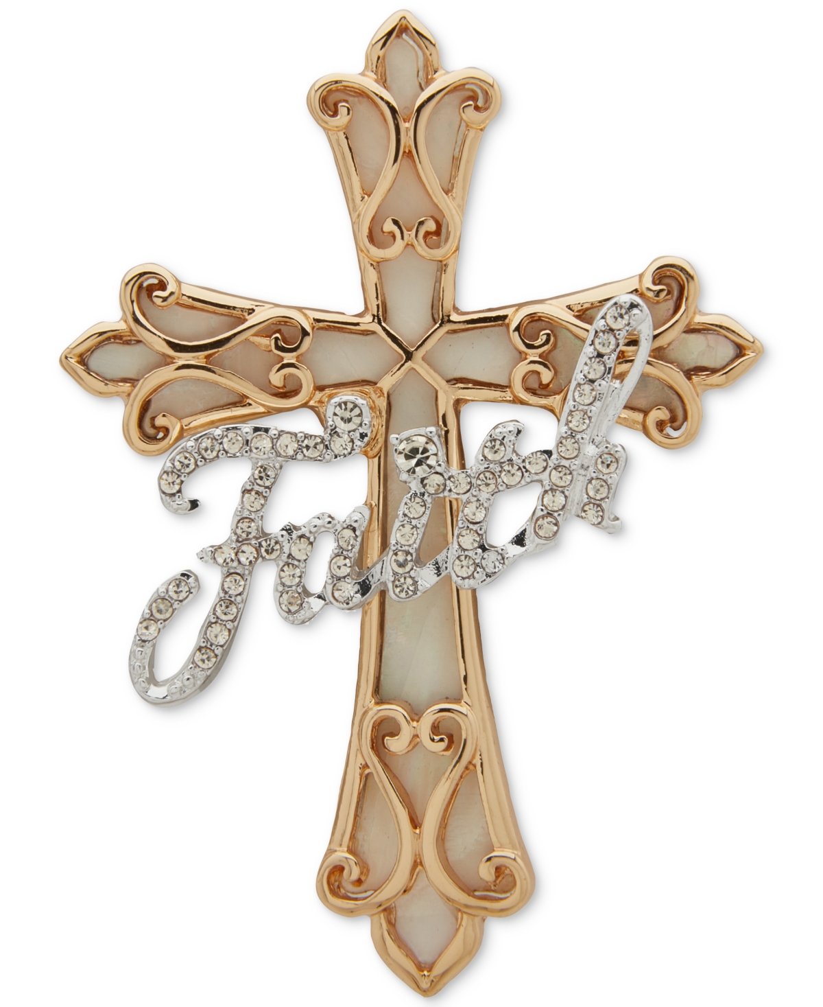 Two-Tone Stone Faith Cross Pin - White