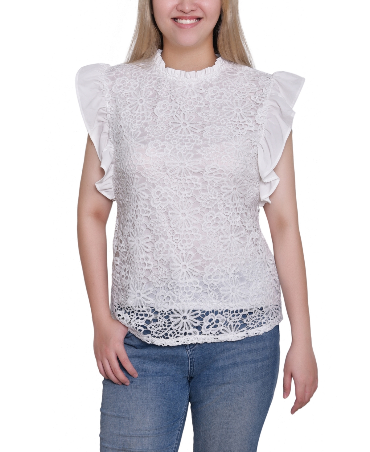 Women's Flutter Sleeve Lace Top - White