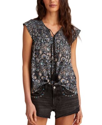 Lucky Brand - Women's Floral Smocked Tassel-Tie Top
