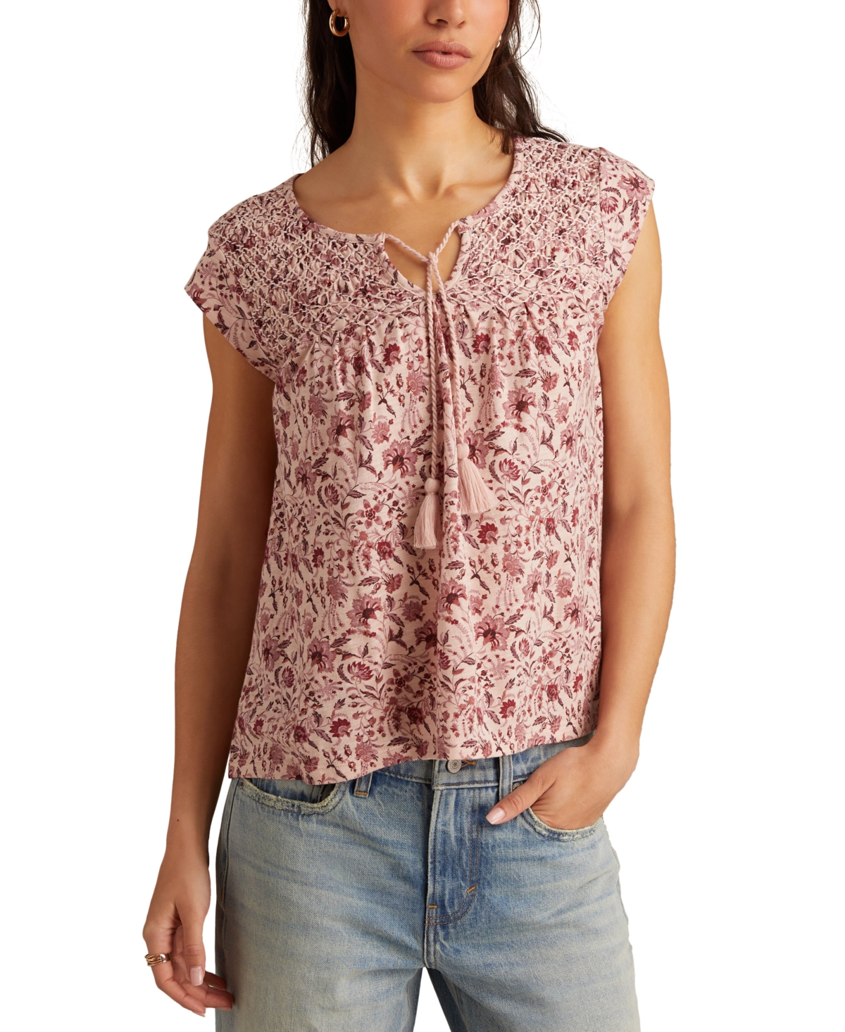 Women's Floral Smocked Tassel-Tie Top - Pink Multi