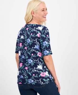 Petite Floral Chintz Boat-Neck Elbow-Sleeve Top, Macy's Exclusive