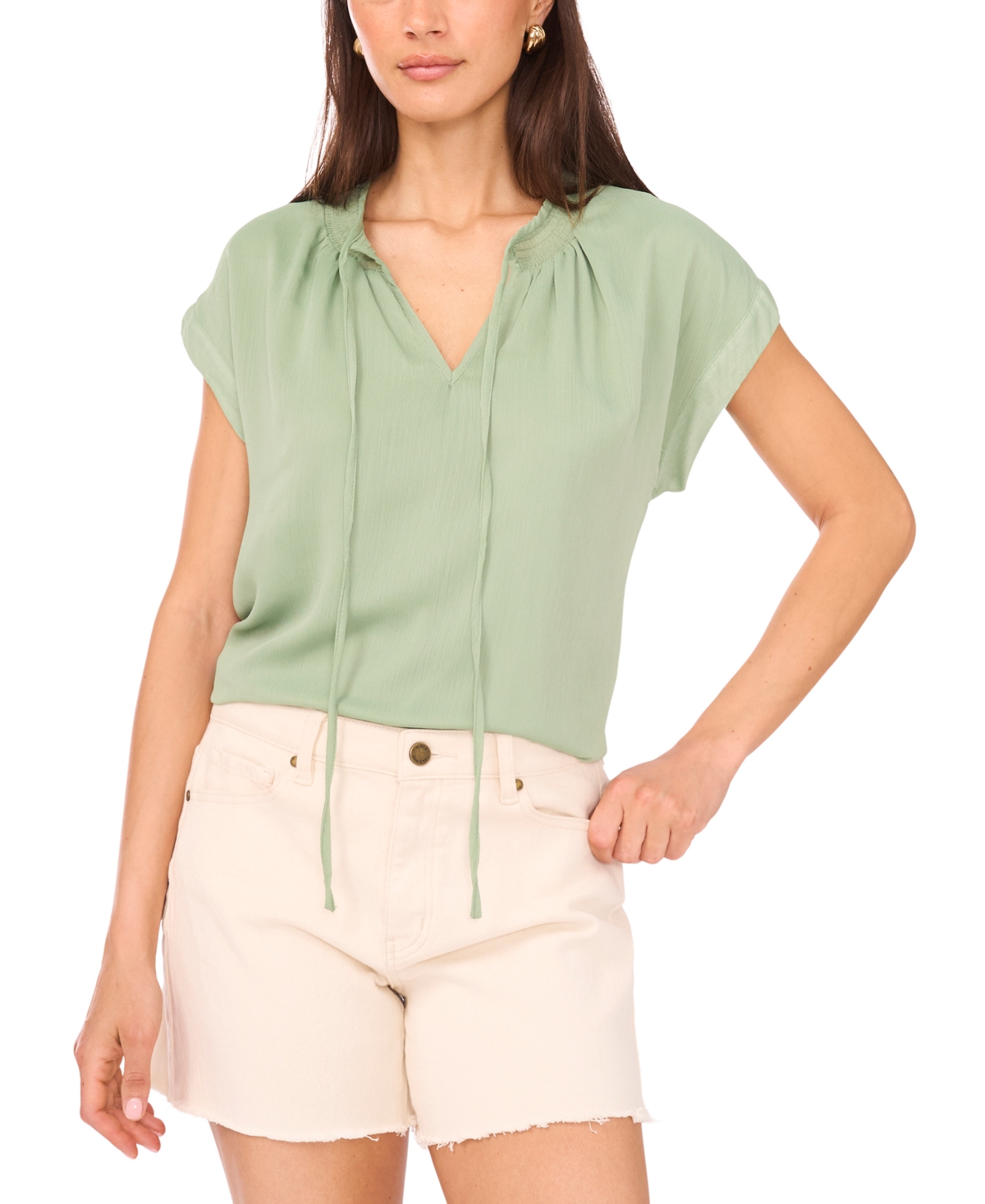 Vince Camuto Women's Smocked-neck Cap-sleeve Peasant Blouse