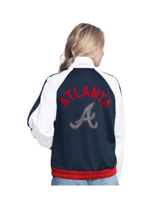 Women's&nbsp;White/Navy Atlanta Braves Rally Rhinestone Raglan Full-Zip Track Jacket