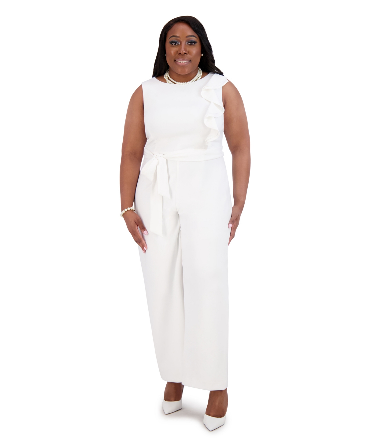 Women's Ruffle-Shoulder Sleeveless Jumpsuit - White