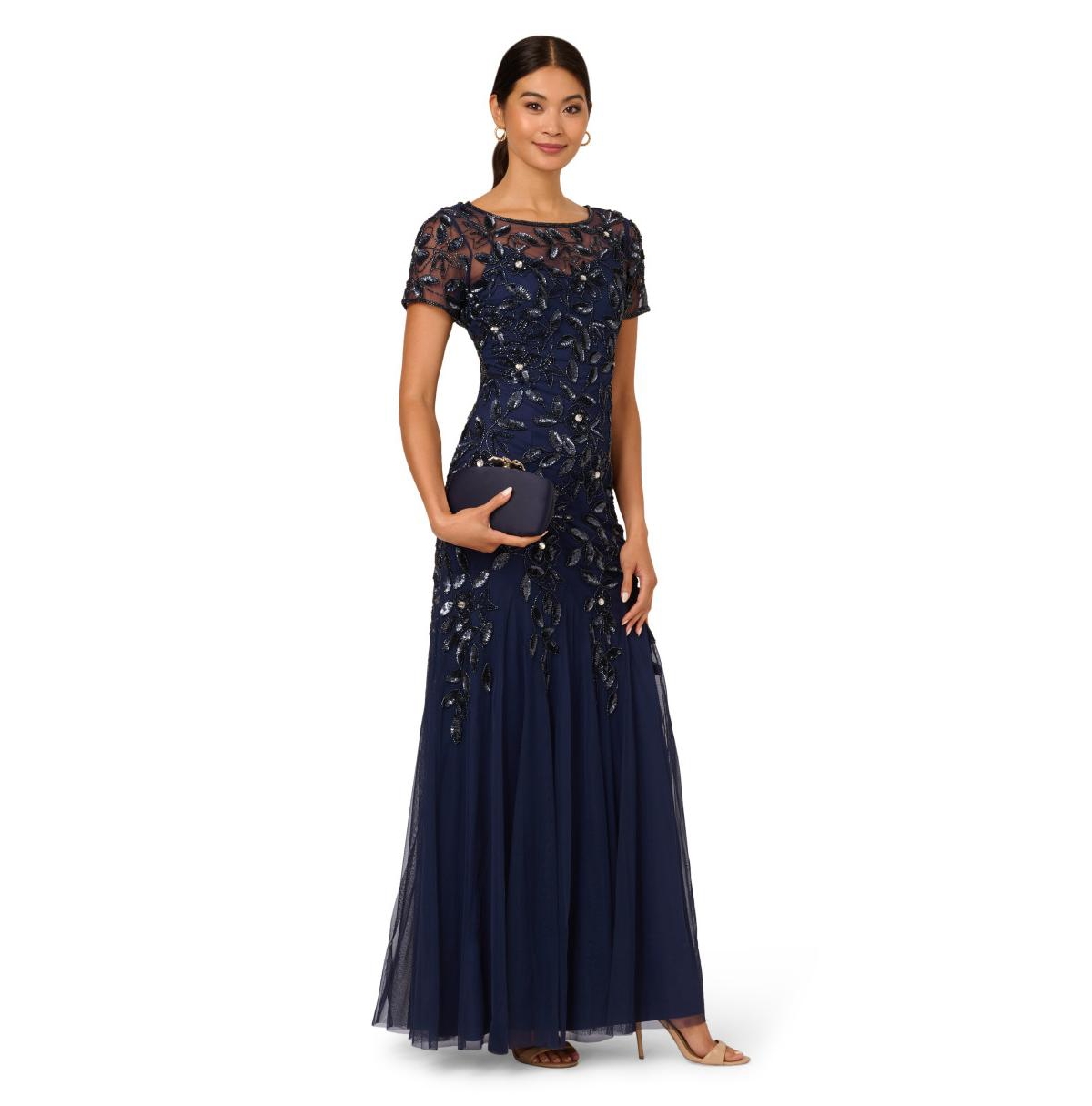 Adrianna Papell Floral Embroidered Beaded Trumpet Gown In Blue