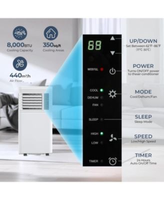 8000 BTU, Portable Air Conditioner for rooms up to 350 Sq. Ft with fan, dehumidifier, sleep mode, timer, LED display & remote.