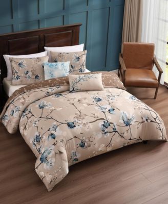 Blue Blossom Bedding 220 Thread Count Cotton Sateen Reversible 5 Piece Comforter Set, Queen Size