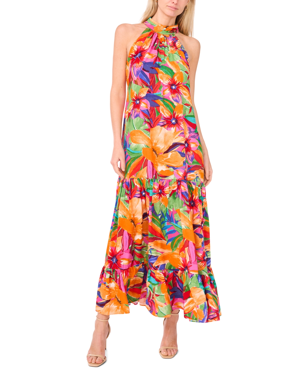 Women's Printed Halter Tie-Back Maxi Dress - Fuchsia, Green, Gold