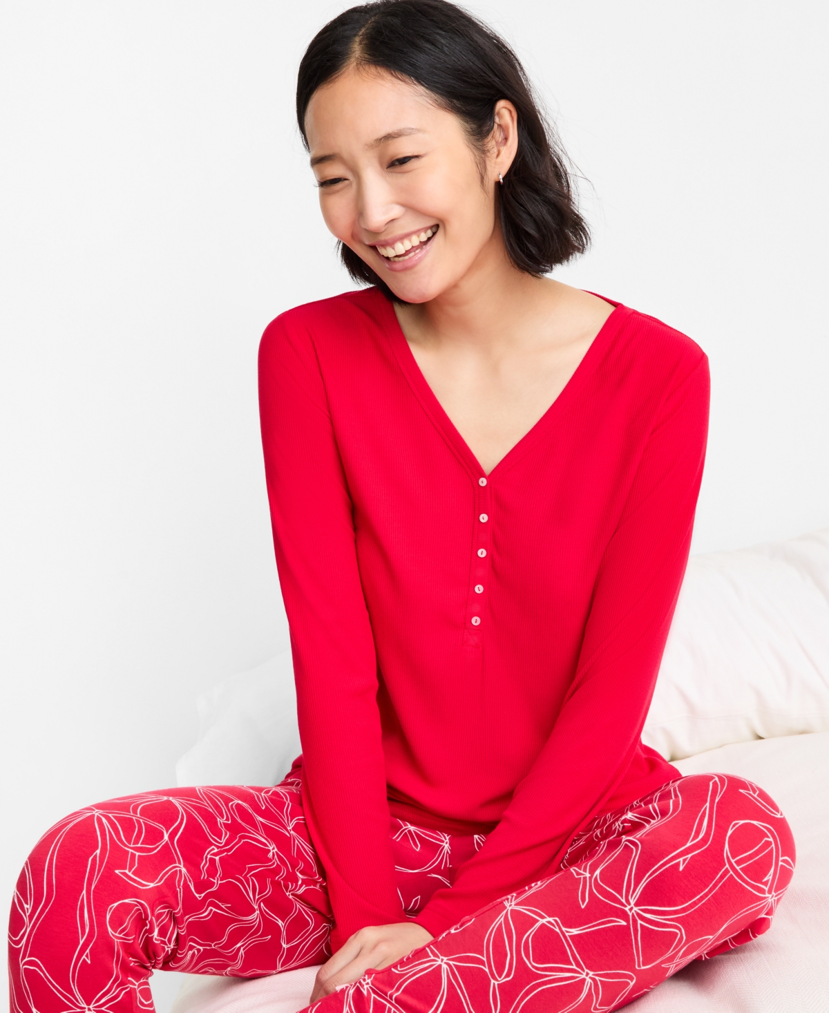 State Of Day Women's Long-sleeve Ribbed Henley Sleep Top Xs-3x, Created For Macy's In Pink