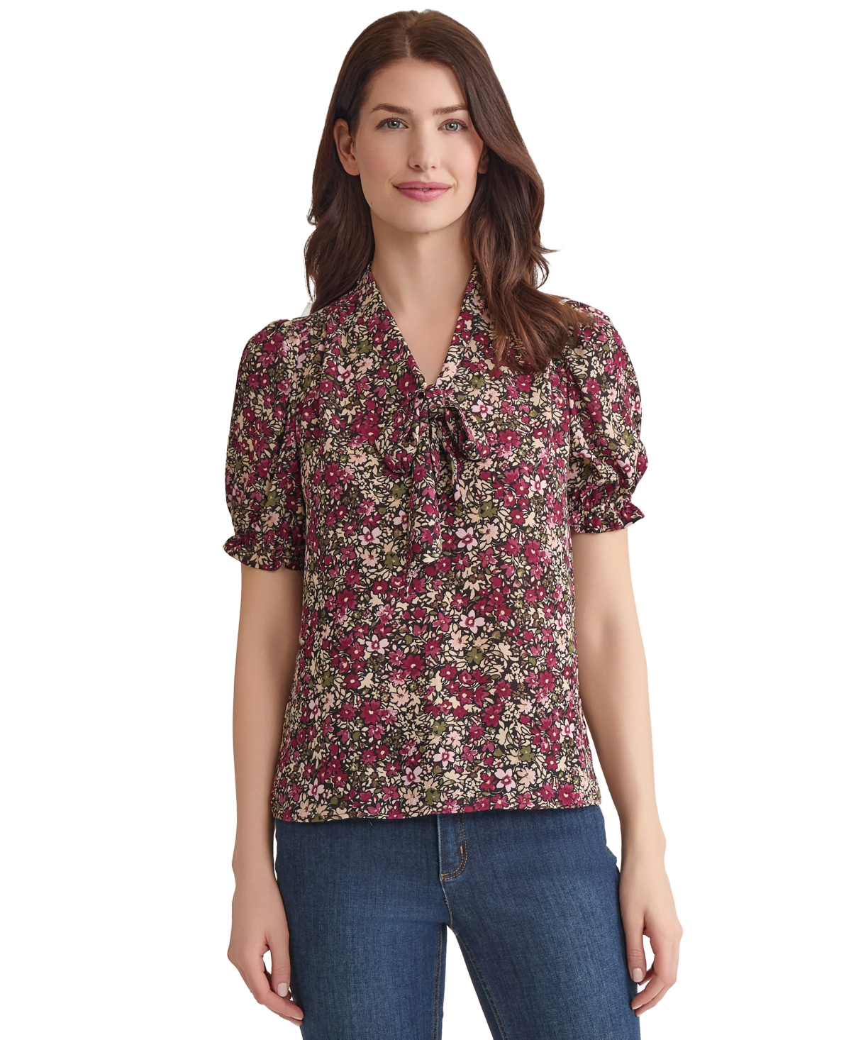 Petite Floral Tie-Neck Puff-Sleeve Top - Bordeaux Multi
