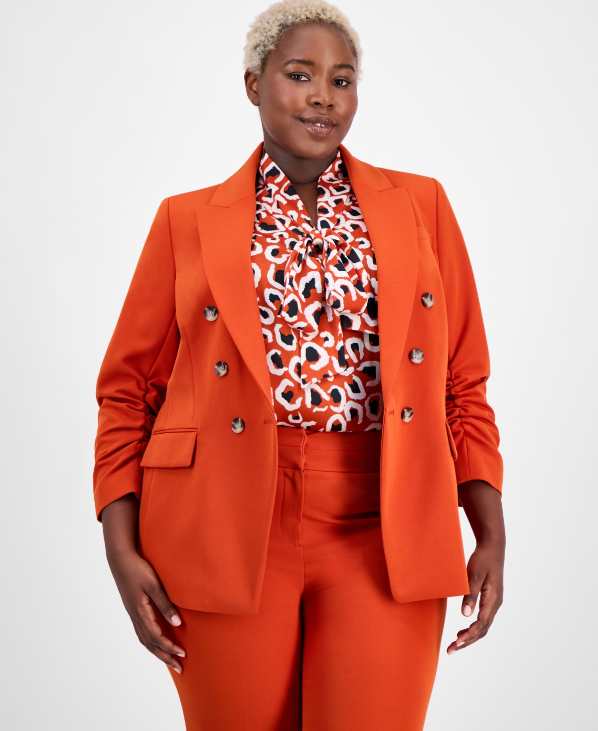 Plus Size Double-Breasted Ruched-Sleeve Jacket - Persimmon
