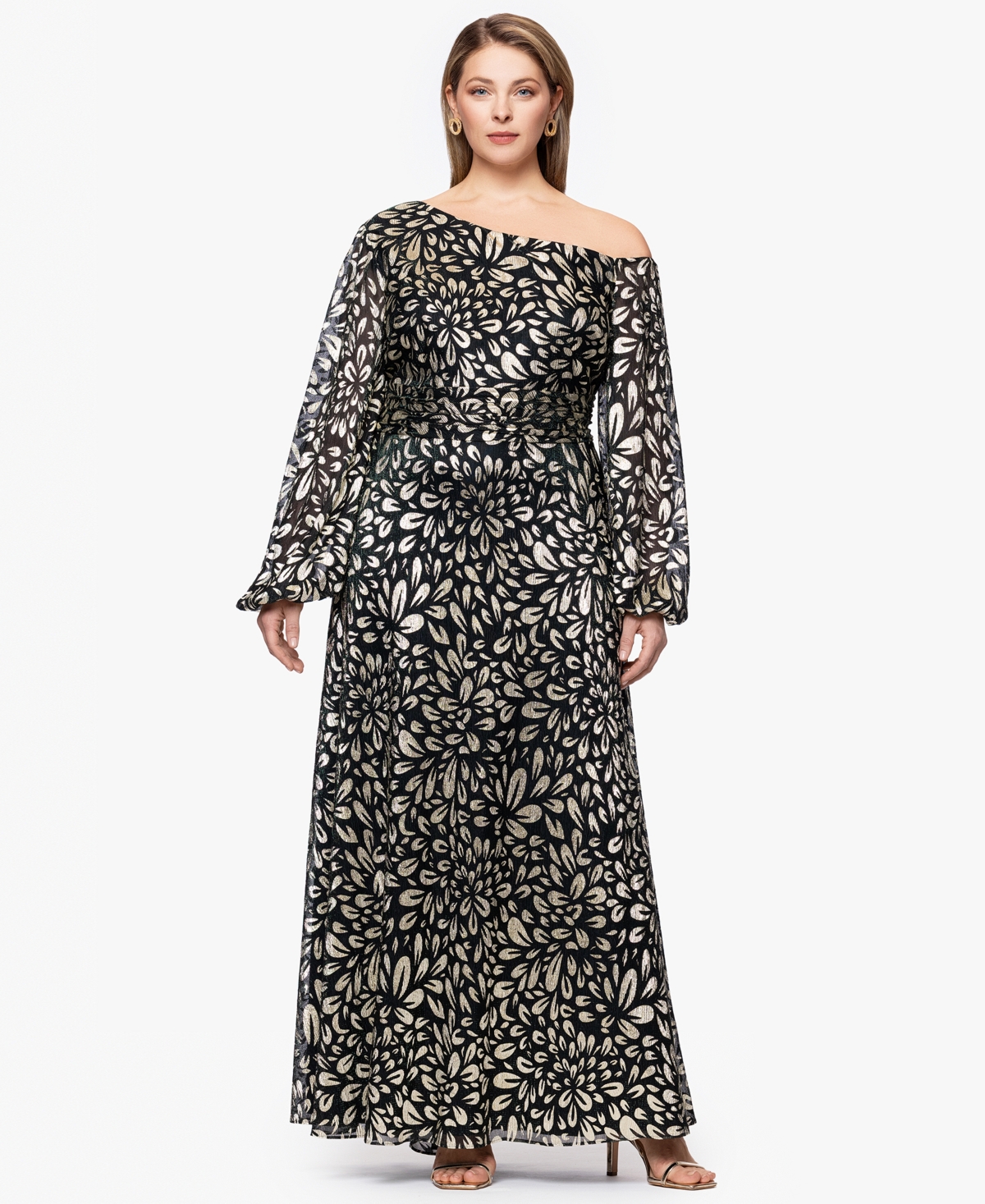 Plus Size Metallic Printed Long A-Line Dress - Green, Gold
