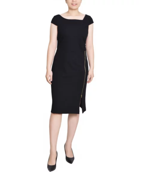 Petite Cap Sleeve Exposed Zipper Dress - Black