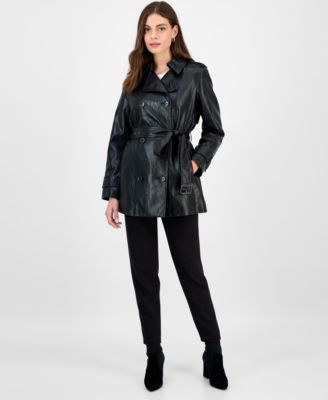 Petite Double-Breasted Faux-Leather Belted Trench Coat